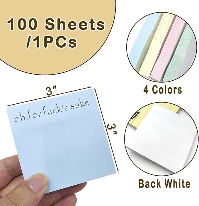 4PCs Funny Sticky Notes for Adults for Work,What The Fxck Sticky Notepads,Oh, for Fuck's Sake Novelty Notepads,4 Colors Funny Post It Notes,Funny Vulgarity Gifts for Friends,Coworkers