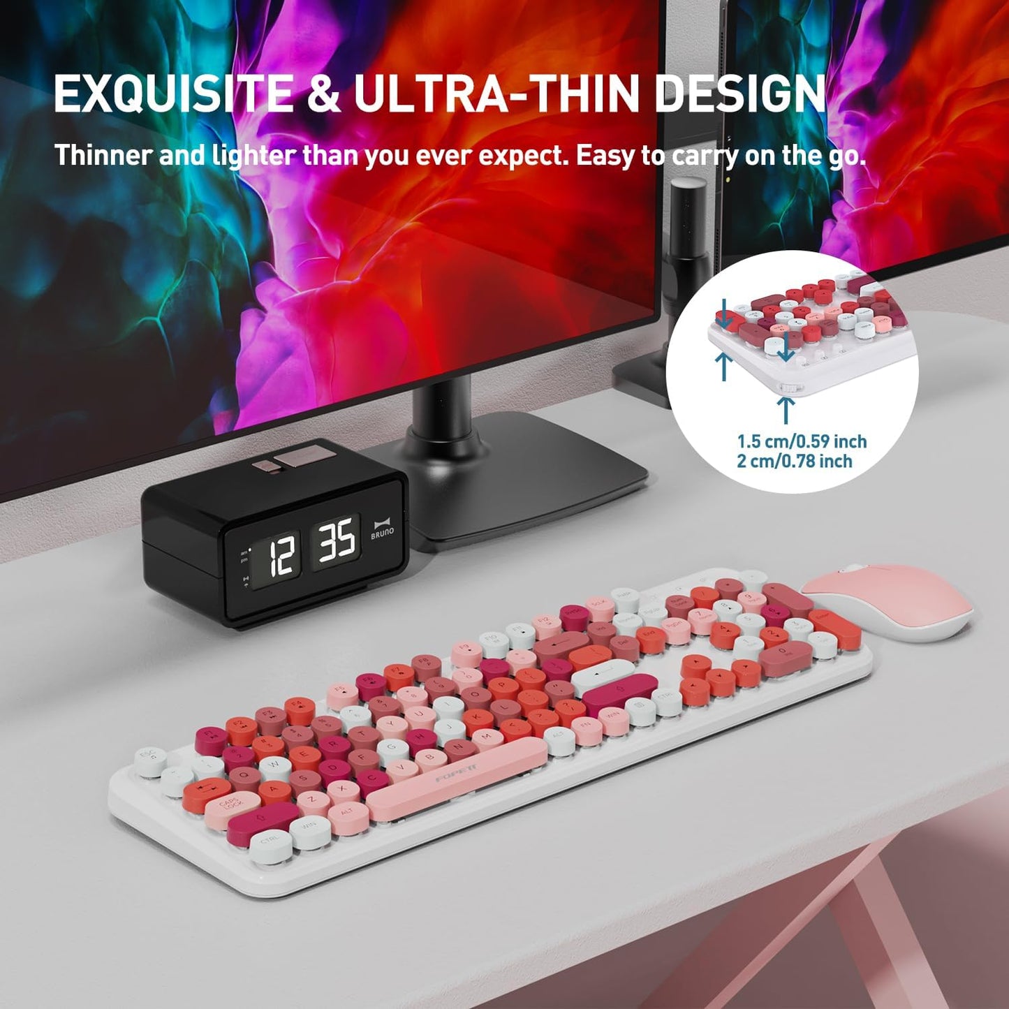 Cute Retro Wireless Keyboard and Mouse Combo with Round Key, 2.4Ghz Dropout-Free Connection, Typewriter Wireless Keyboard and Mouse Set for PC, Laptop, Desktop Computer - Pink Colorful