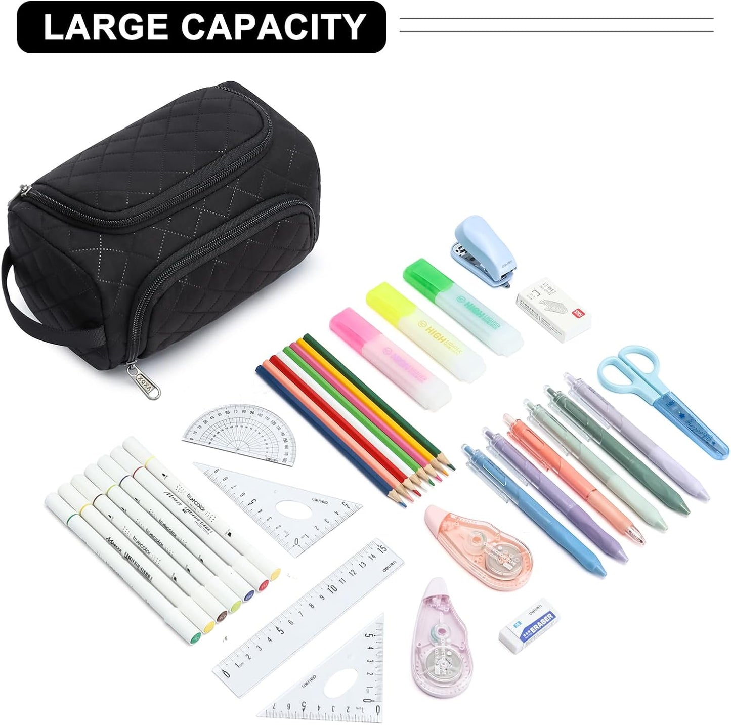 XQXA Extra Large Capacity Pencil Case Organizer, Multifunctional Pencil Pouch with Compartmens, Travel Simple Stationery Bag, Nylon Pencil Bag for Adults (Black Quilted)