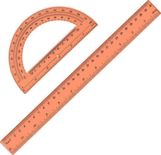 Zonon 2 Pack 12'' Plastic Ruler and 6'' Plastic Protractor Set Clear Ruler Protractor Set Math Geometry Supplies for School Classroom Home Office Drawing(Orange)