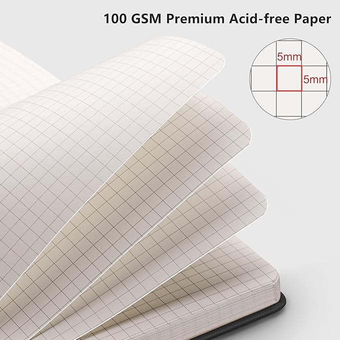 RETTACY Graph Grid Paper Notebook, 192 Pages, A5 Medium Size (5.7'' x 8.3''), 5 Squares per Inch, Leather Hardcover, 100 GSM Thick Paper, for School, Students, Math, Engineering (Black)
