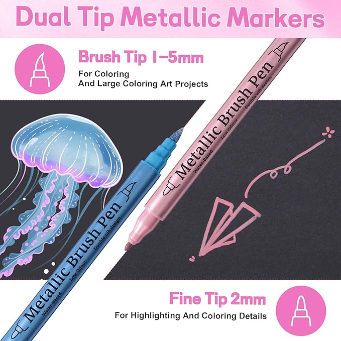 24 Pack Metallic Markers, Dual Tip Glitter Pens for Black Paper & Rock Painting Metallic Acrylic Paint Markers for DIY Crafts, Scrapbooking, Glass, Wood, Cards Alcohol Based Quick Dry Ink
