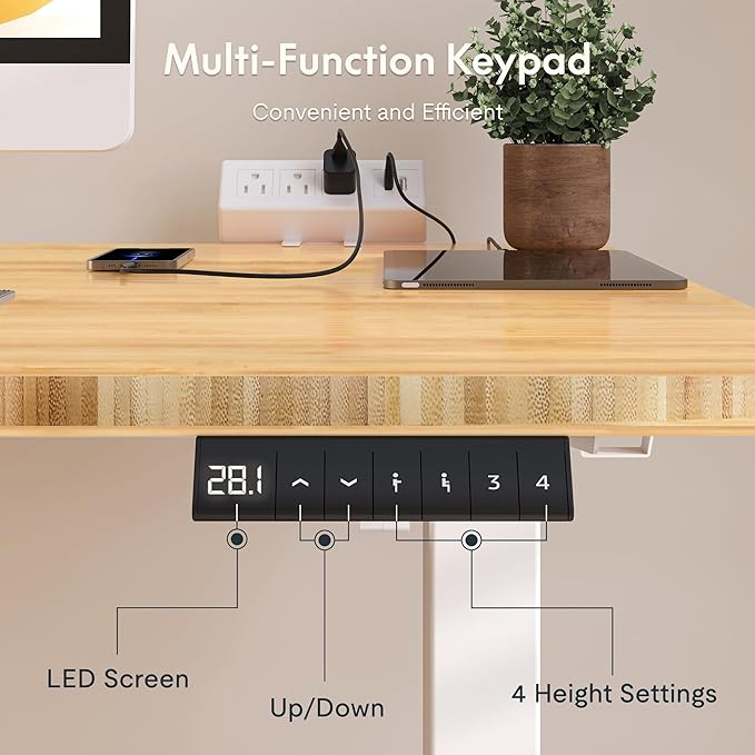 FLEXISPOT EN2 Whole-Piece Bamboo Standing Desk with Clamp Power Strip, 48 x 24 Electric Stand Up Height Adjustable Desk with Cable Management (White Frame + 48" Bamboo Top, 2 Packages)