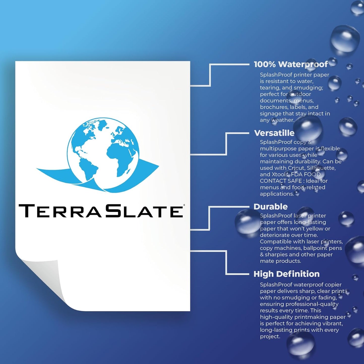 TerraSlate Waterproof, Durable, Rip-Proof Paper, 1,000 Sheets, 5 Mil (24lb Bond), 8.5” x 11”, Laser Printer and Copy Machine Compatible