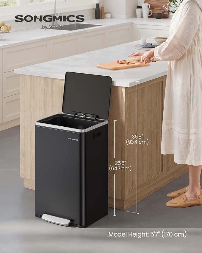 SONGMICS Trash Can, 13-Gallon Gabbage Can, with 15 Trash Bags, Steel, with Soft-Close Lid, Removable Inner Bucket, Handles, Ink Black ULTB595B01V1