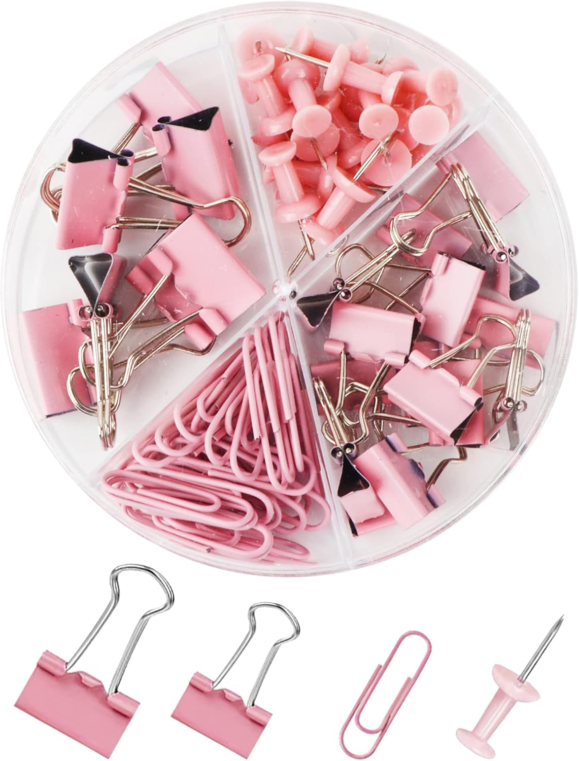 Paper Clips and Binder Clips Set, Metal Assorted Sized Binders with Push Pins, Cute Office Supplies for Desk, Desk Accessories (Pink)