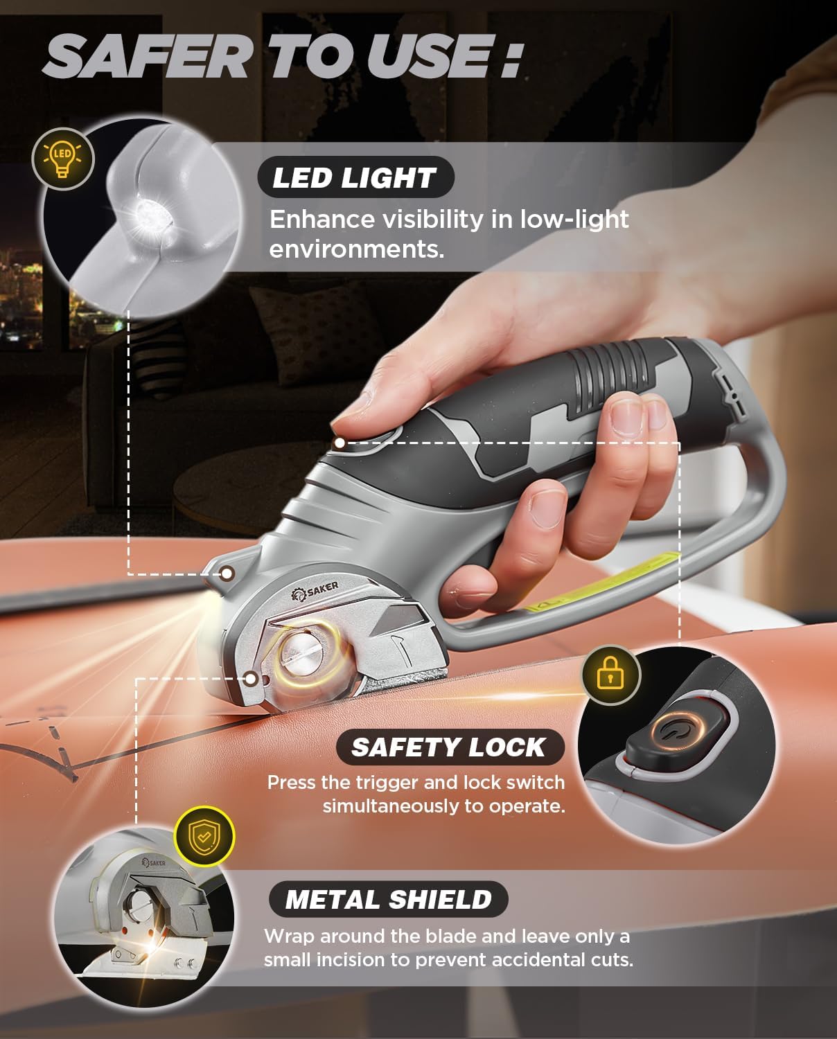 Saker Electric Box Cardboard Cutter,Cordless Elwetric Scissors for Fabric Leather Paper Plastic - Card Board Cutter Tool with 4V Recharged Battery - Safety Lock and LED Light for Cutting,Grey