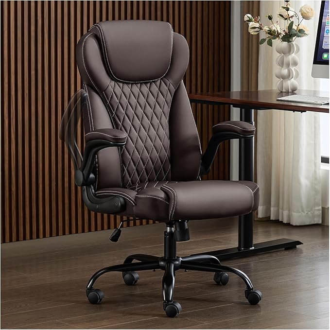 Office Chair, Executive Leather Chair Home Office Desk Chairs, Ergonomic Computer Desk Chair with Adjustable Flip-Up Arms, Lumbar Support Swivel Task Chair with Rocking Function (Brown)