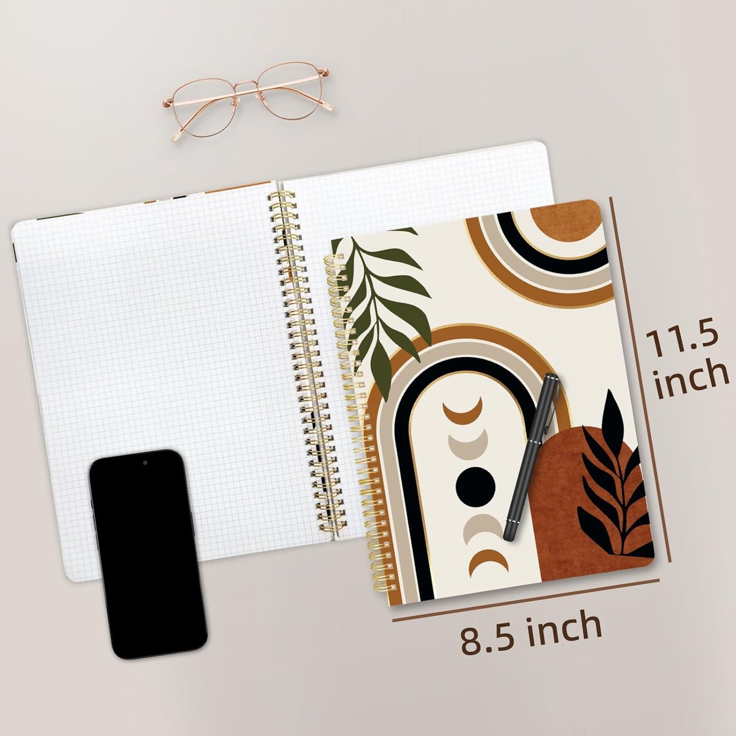 Cute Spiral Notebook journal A4 Aesthetic Pretty Design for Women Girls Kawaii with Pocket, 8.5 x 11 inch, Graph, Moon Boho