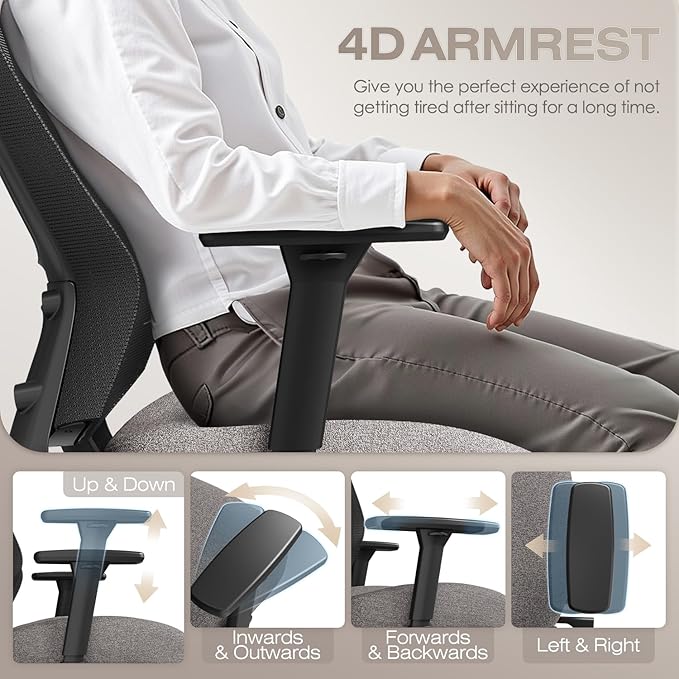 T96C Ergonomic Home Office Chair, Mesh Computer Desk Chair with 4D Armrests, Adjustable Lumbar Support,Tilt Function, Executive Rolling Swivel Task Chair for Long Hours (Stone)
