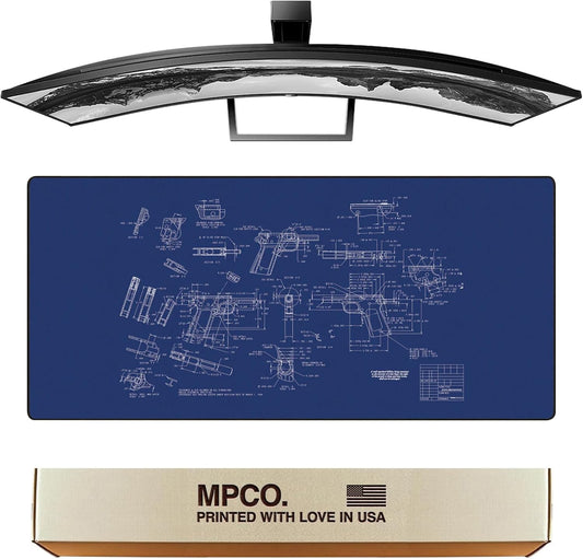 MPCO. Blueprints Large Gaming Desk Pad - 36" x 17" Duraglyde Fabric Browning 1911 – Blue Desk Mats - Non-Slip, Washable, Smooth Glide for Precision Gaming & Work