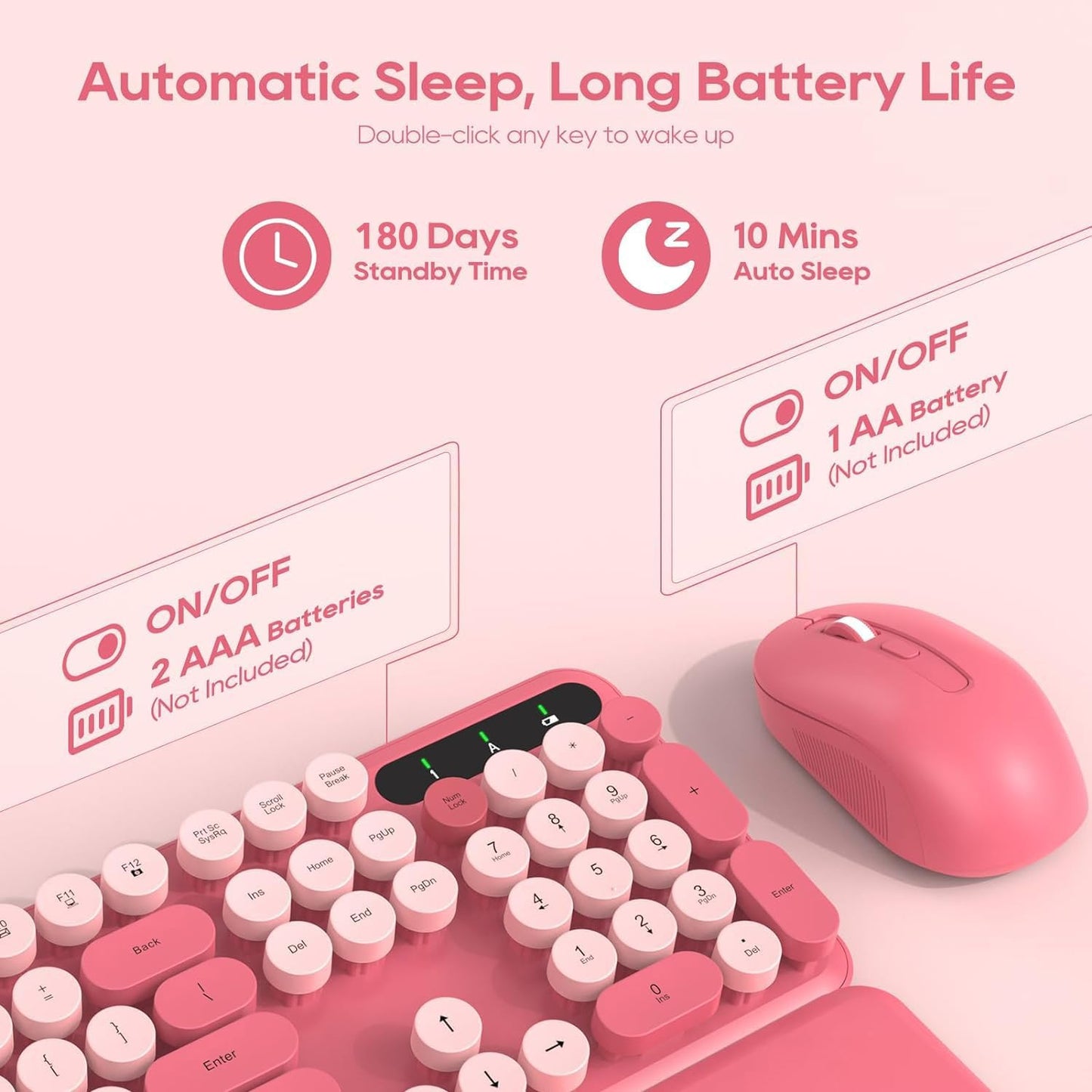 Wireless Keyboard and Mouse Combo - Round Keycaps, Full-Size Retro Typewriter Keyboard with Detachable Wrist Rest, Sleep Mode & Tilt Legs, 2.4GHz Cordless Connection for Mac/Windows/PC (Hot Pink)