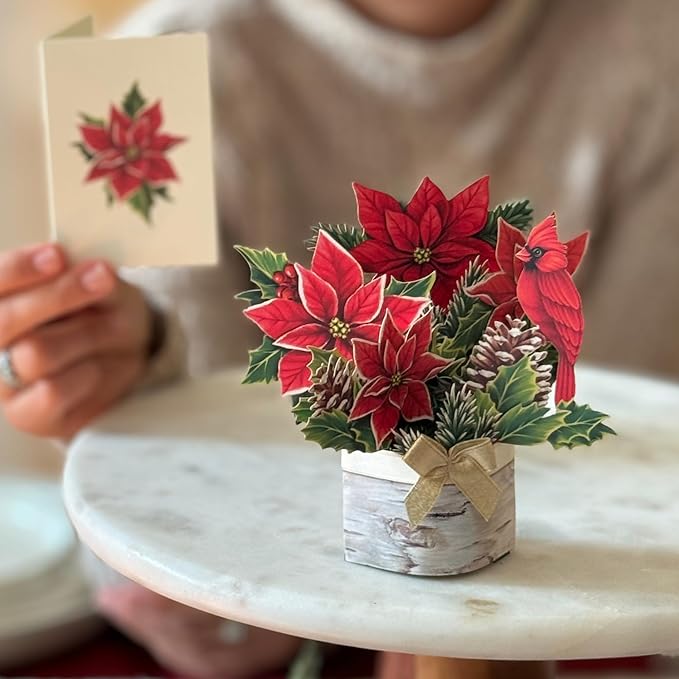 Freshcut Paper Pop Up Cards, Mini Birch Poinsettia (Set of 2), 6 Inch Mini Sized Forever Flower Bouquet 3D Popup Greeting Card, Christmas Cards, Holiday Card, Blank Notecard & Envelope