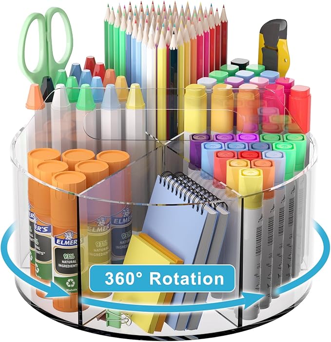 Acrylic Pen Holder for Desk, Acrylic Desk Organizer Clear, 360 Degree Pencil Holder for Desk Kids, Rotating Desk Organizer Rotating Pen Holder for Desk, Art Supply Storage Organizer 6 Compartments