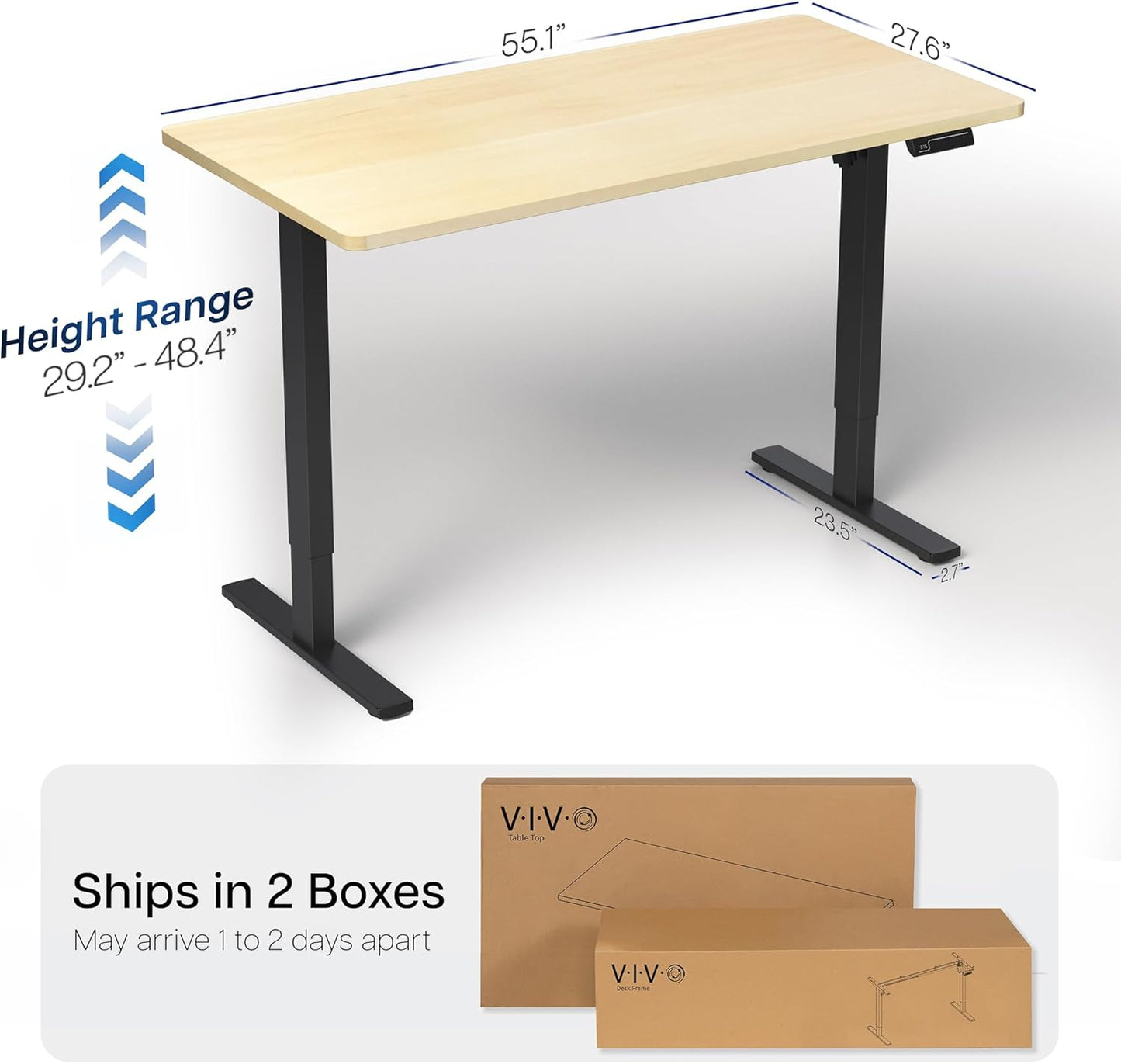 VIVO Electric 55 x 28 in Standing Desk, Memory Height Adjustment, 1B Series, One-Piece Light Wood Top, Black Frame, DESK-KIT-1B55C