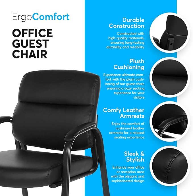 Oline Leather Guest Chair with Padded Arms, Reception Meeting Conference Waiting Room Lobby Home Desk Big and Tall Executive Office Chair, Black (2 Pack)