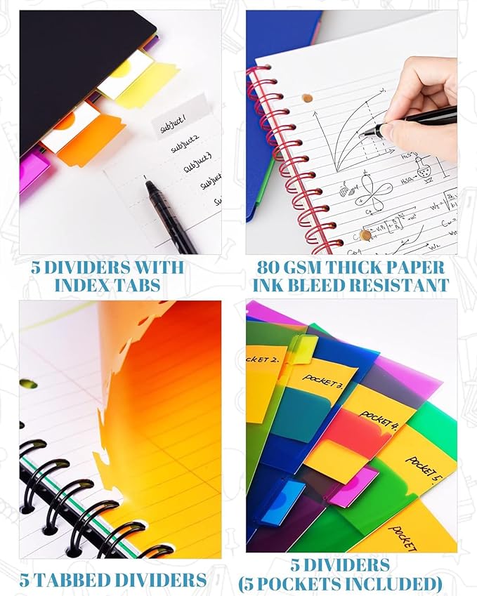 5 Subject Notebook - Spiral Notebook, College Ruled Notebook With Dividers Pocket, Tabs, 11" Ruler, 300 Pages, for Writing Journal, Home & Office, School Supplies, 8.5x11''Forest Green 150Sheets