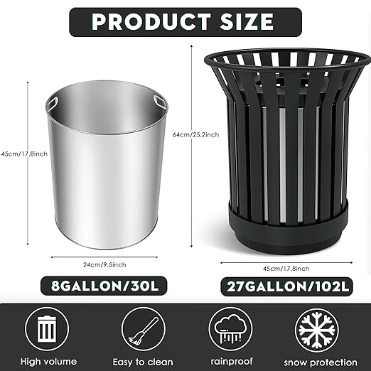 25.2IN Large Round Large Outdoor Trash Can, Heavy Duty Metal Slatted Garbage Can Outdoor, All Weather Resistant Commercial Garbage Cans, Waste Receptacle in Park, School, Beach, Patio Black
