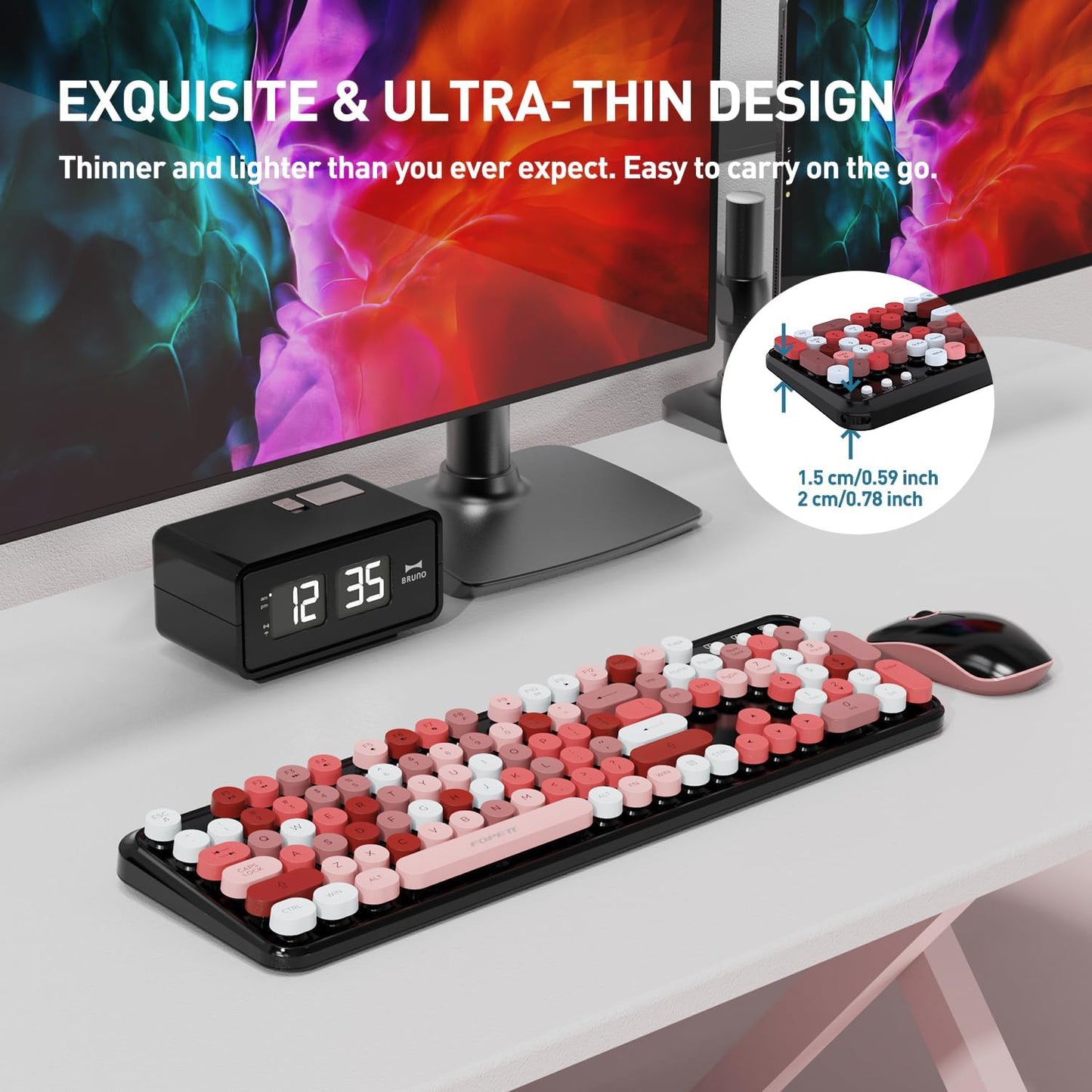 Keyboard and Mouse Wireless,Cute Retro Wireless Keyboard Mouse Combo with Round Key,2.4Ghz Dropout-Free Connection,Typewriter Wireless Keyboard Mouse Set for PC Laptop Desktop Computer-Black Colorful