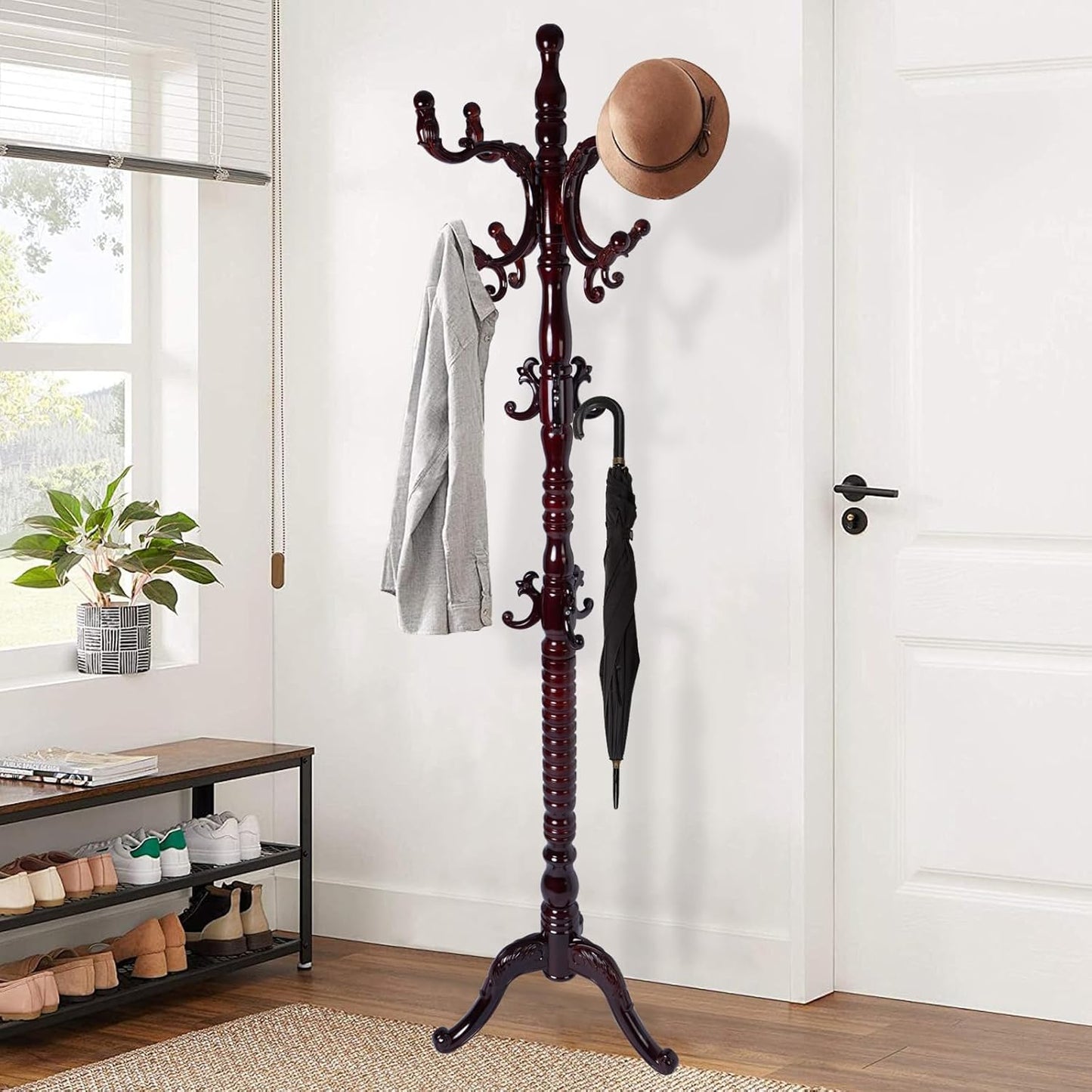 Wooden Coat Rack Freestanding, Vintage Coat Racks with Sturdy Round Base, Adjustable Height 37.40"-72.83" Entrance Coat Rack for Bedroom Living Room Entryway (Solid wood Triangle)