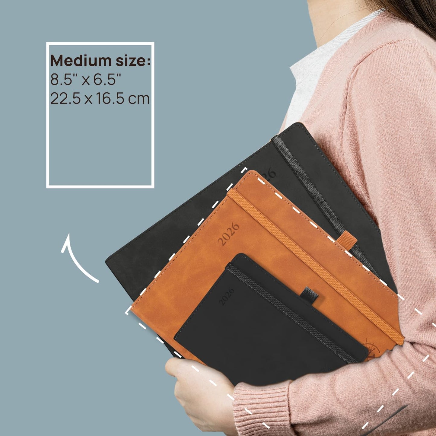 POPRUN Weekly Planner 2026 (Medium 6.5" x 8.5") Calendar 12 Months Notebook with Horizontal Layout, Leather Soft Cover, Monthly Tabs, Inner Pocket, 100GSM Thick Paper, Pen Holder - Lilac