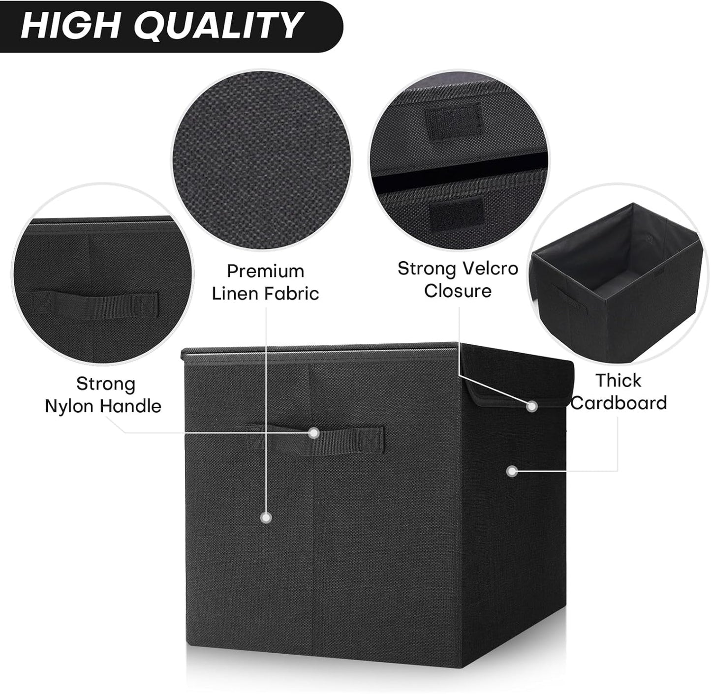 Large 22 Quart Linen Fabric Foldable Storage Bin Cube Organizer Basket with Flip-Top Lid & Handles, Clothes Blanket Box for Home, Office, Closet, Black, 4 Pack 14.6 x 9.5 x 9.5”