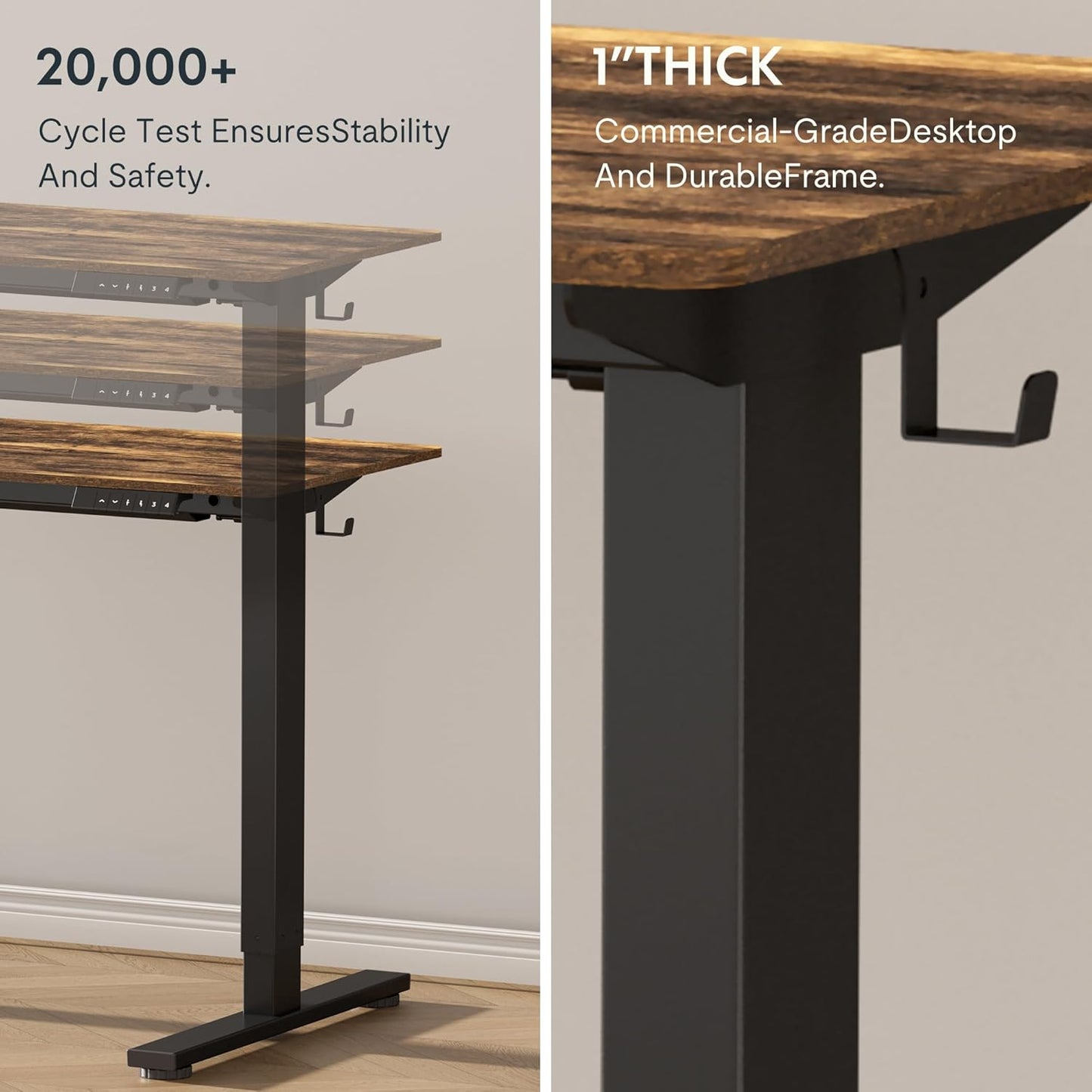 FLEXISPOT EN1 Whole-Piece Standing Desk, 48x24 Electric Sit Stand Desk for Home Office (Black Frame + Rustic Top, 2 Packages)