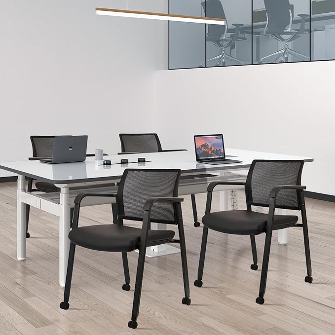 CLATINA Stacking Office Chair with Wheels, Mesh Back Waiting Room Guest Chairs with Arms Comfortable Leather Cushion Stackable Desk Chair for Conference Reception School Side Stationary, Black