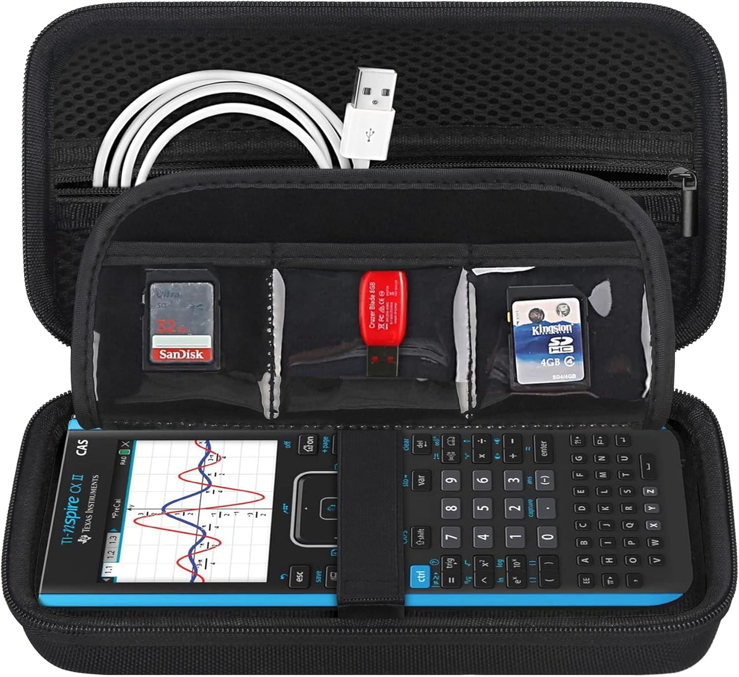 BOVKE Calculator Case for Texas Instruments TI-Nspire CX II CAS/CX II/CX CAS/CX Color Graphing Calculator and More - Extra Mesh Pocket for USB Cables and Other Accessories, Black+Black