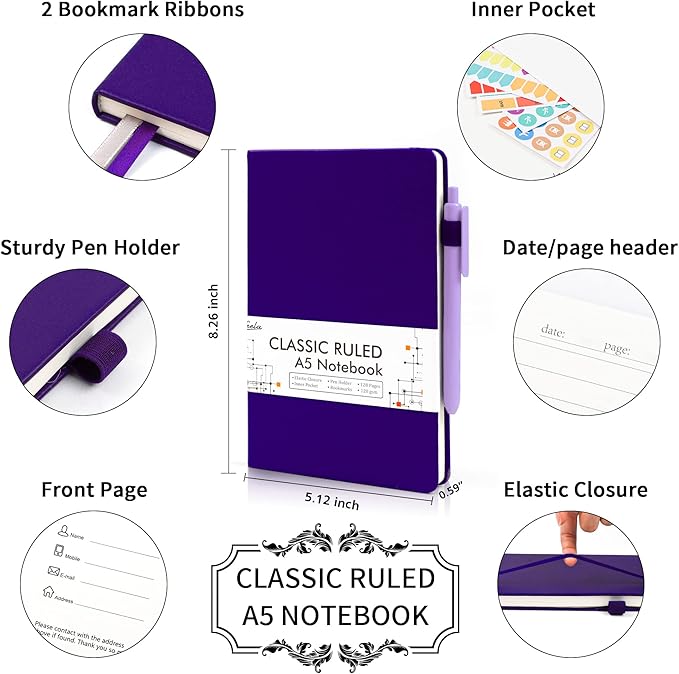 feela 24 Pack Journal Notebook Bulk for Work, Business Notebook Hardcover Lined Writing Journal with Pen Holder for Men Women Note Taking, with 24 Black Pens, 120 GSM, 5.1”x8.3”, A5, Purple