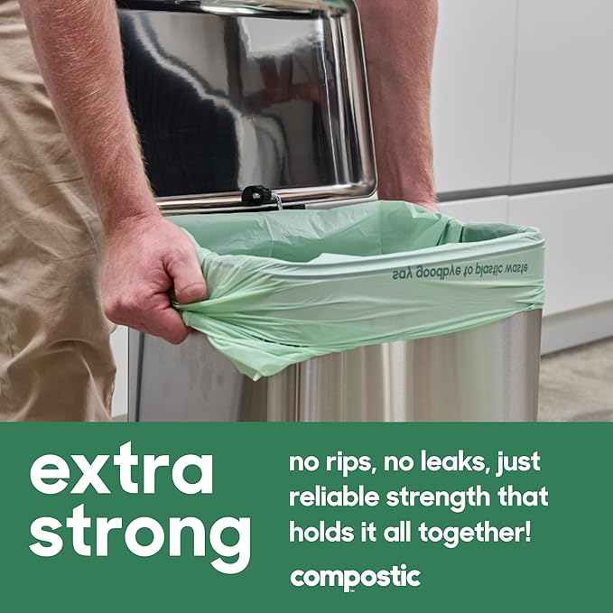 Home Compostable Trash Bags, 3 Gallon Small Kitchen Rubbish Bags (17” x 17.7”), Extra Strong & Quickly Breaks Down, 50 Count