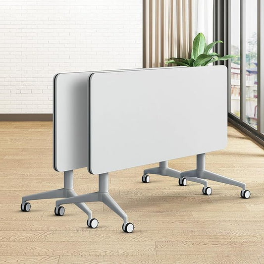 Folding Conference Table, Modern Large Conference Room Tables with Flip-Top Design, Foldable Conference Table Meeting Table with Wheels, Mobile Seminar Training Tables for Office Classroom (2, White)