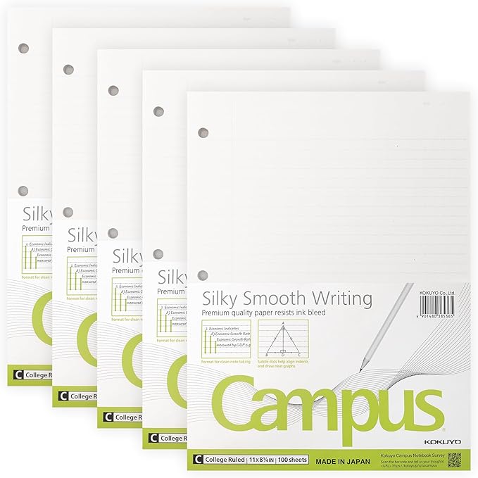 Kokuyo Campus Loose Leaf Paper for 3 Ring Binders, Smooth Writing Lined Paper, 500 Sheets, 11” x 8-1/4”, College Ruled, Bleeding-Resistance, School Suppliers, Made in Japan (WSG-NO-887G1)