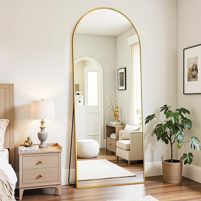 Full Length Mirror, 58"x21" Oversized Floor Mirror Freestanding, Full Body Mirror Floor Standing Mirrors with Stand, Hanging Mounted Mirrors for Bedroom Living Room, Gold, Arched Style