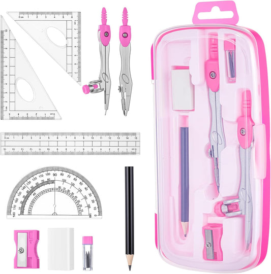 Zonon Math Geometry Set 10 Pcs Student Supplies with Shatterproof Storage Box, Includes Rulers Protractor Compass Pencil Sharpener Lead Refills Eraser Pencil for Drafting and Drawings(Pink)