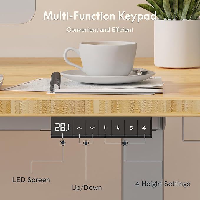 FLEXISPOT EN2 Whole-Piece Bamboo Standing Desk with Clamp Power Strip, 55 x 28 Electric Stand Up Height Adjustable Desk with Cable Management (Grey Frame + 55" Bamboo Top, 2 Packages)