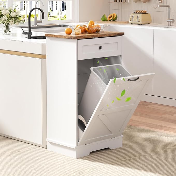 Tilt Out Trash Can, Farmhouse Kitchen Trash Cabinet w/Negative Ion, Dog Proof 10 Gallon Garbage Can for Kitchen, Bathroom, Living Room, White