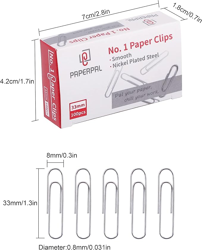 PAPERPAL #1 Smooth Paper Clips, 600 Medium Paper Clips (6 Boxes of 100 Each), Paperclips for Office School & Personal Use, Daily DIY, 1-2/7" Silver Paper Clip Standard Size (No. 1 Paper Clips, Smooth)
