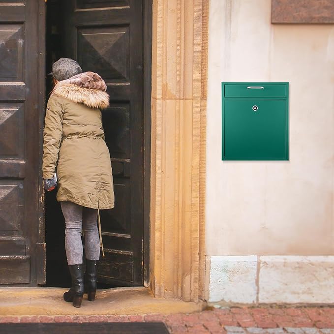Locking Mailbox with Key for Outdoor 12 x 10.5 x 4.7 Inches Large Wall Mount Mail Box with Lock Security Mail Drop Metal Collection Boxes Hanging Secure Postbox(Green)