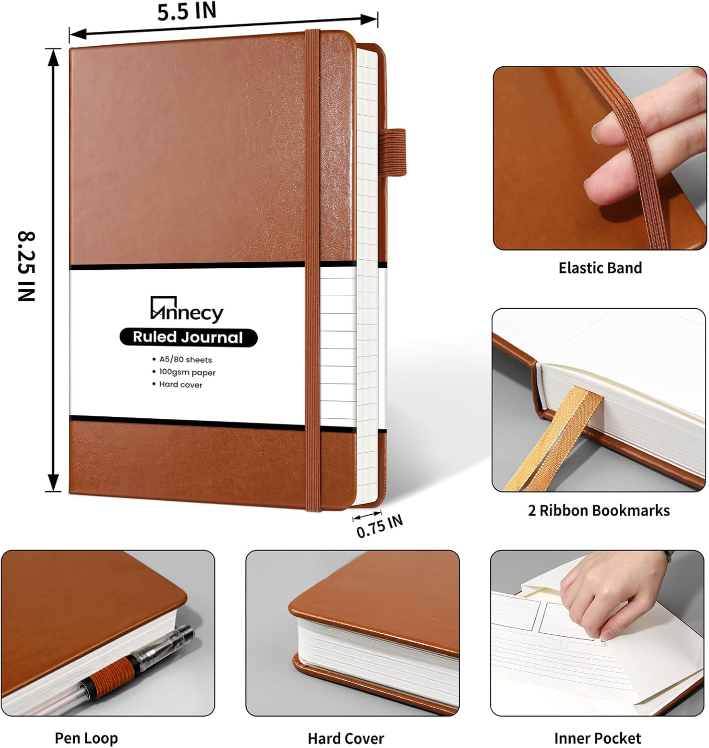 Annecy Lined Journal Notebook, Hardcover Numbered College Ruled Journal, Medium 5.5x 8.25, 160 Pages 100GSM Writing Paper, Brown