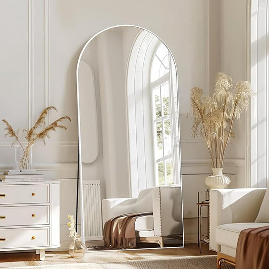 MELOMOIR 71"x32" Arched Large Mirror Full Length, Free Standing Leaning or Hanging, Thin Aluminum Frame, Tempered Glass, Suitable for Living Room Bedroom Cloakroom Hallway Home Gym, White