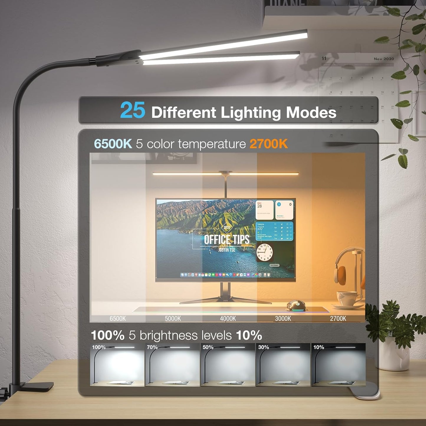 LED Desk Lamp for Home Office, Bright Double Head Desk Lamp with Clamp, Dimmable 5 Color Modes Desk Lighting, 12W Eye-Caring Architect Table Lamp for Workbench, Monitor, Reading, Study, 1400lm