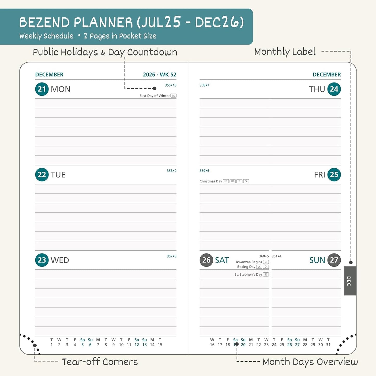 BEZEND Pocket Planner 2025-2026 Weekly and Monthly, 3.5" x 6" Academic Planner (Jul 25-Dec 26) 18-Month Mid-Year Calendar Book, Storage Pocket, Pen Holder, PU Leather Hardcover - Turquoise