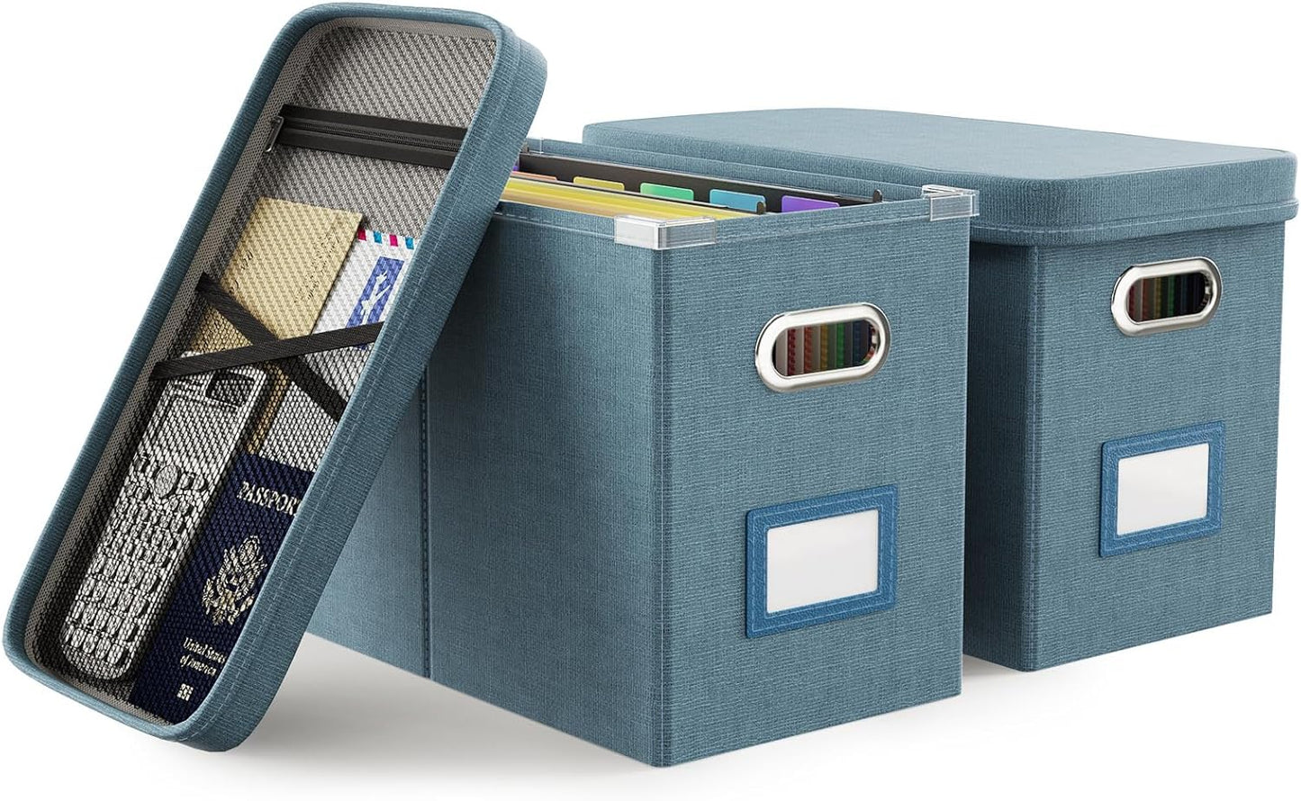Oterri File Organizer with Lid, Hanging Filing Box with Mesh Pocket, Document Organizer for Letter Files, Portable Storage Box with Smooth Sliding Rail for Office&Home (2 PCS, Dark-blue)
