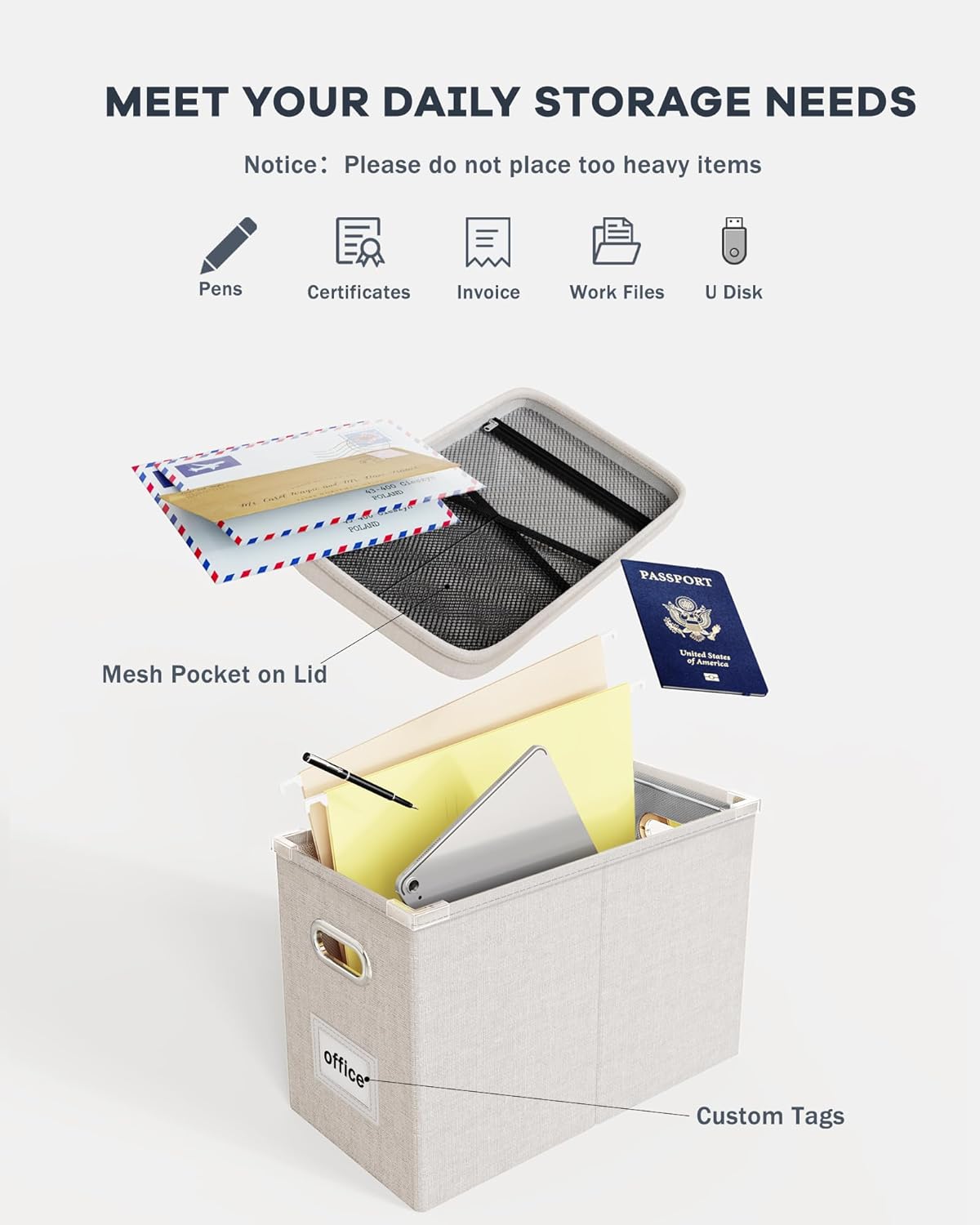 Oterri File Organizer With Lid, Hanging Filing Box With Mesh Pocket, Document Organizer for Letter Files, Portable Storage With Smooth Sliding Rail for Office & Home (2 PCS, Beige)