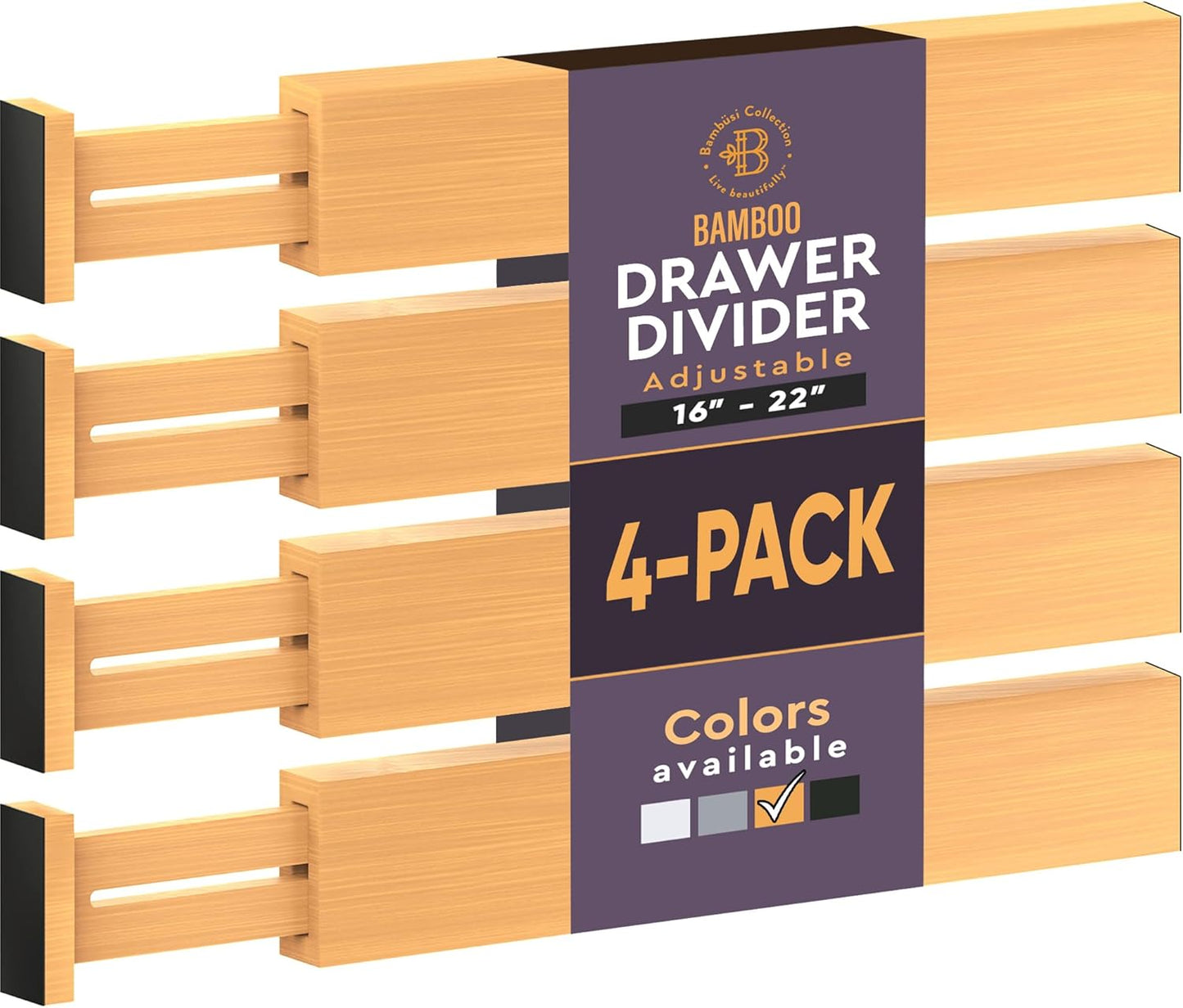 4 Pack Drawer Dividers Bamboo 2.6" High, 16-22" Adjustable Drawer Organizers for Clothes, Expandable Dresser Separators in Bedroom/Bathroom/Kitchen/Office Organization and Storage (Natural)