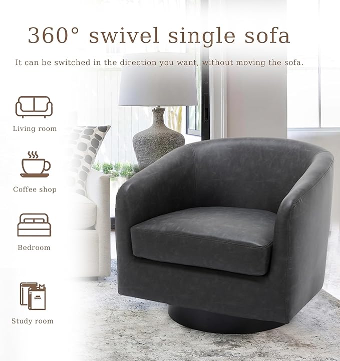 UIXE Faux Leather Swivel Accent Chair with Wood Base, Modern Upholstered Barrel Chairs for Living Room, Comfy Round Armchair Single Sofa Bedroom Reading Seat - 31" W, Black