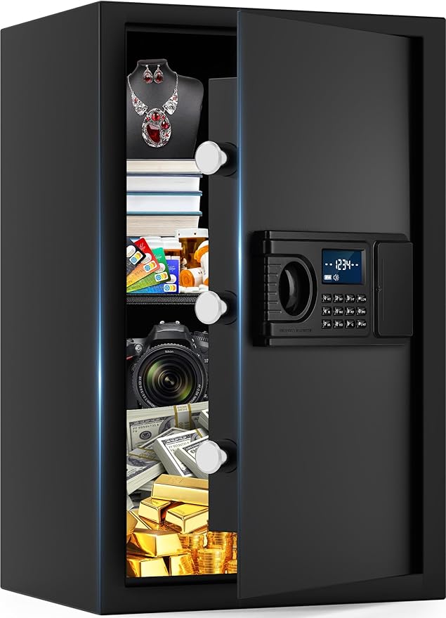 2.8 Cuft Home Safe Box with Fireproof Waterproof Bag, Large Security Digital Document Safes with LCD Keypad Keys, Anti-Theft Alert, Hidden Code Mode, Personal Combination Money Safe For Jewelry Office