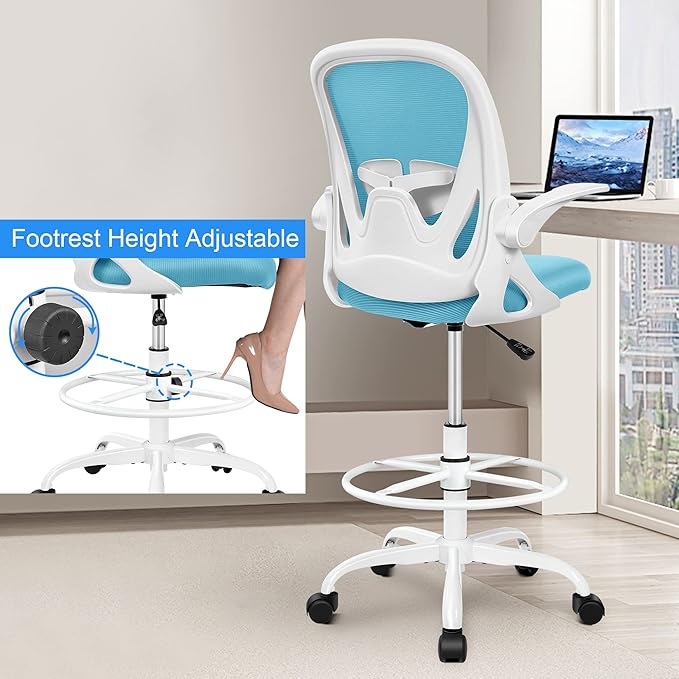 Primy Drafting Chair Tall Office Chair with Flip-up Armrests Executive Ergonomic Computer Standing Desk Chair with Lumbar Support and Adjustable Footrest Ring（Blue）