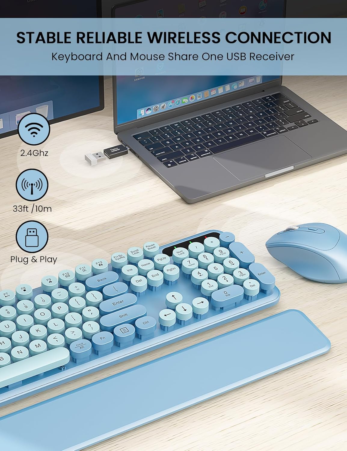 Wireless Keyboard and Mouse Combo - Cute Typewriter Keyboard with Detachable Wrist Rest, Retro Round Keycaps, Foldable Legs, 2.4GHz Full-Size for PC, Laptop, Windows - Trueque (Glacier Blue)